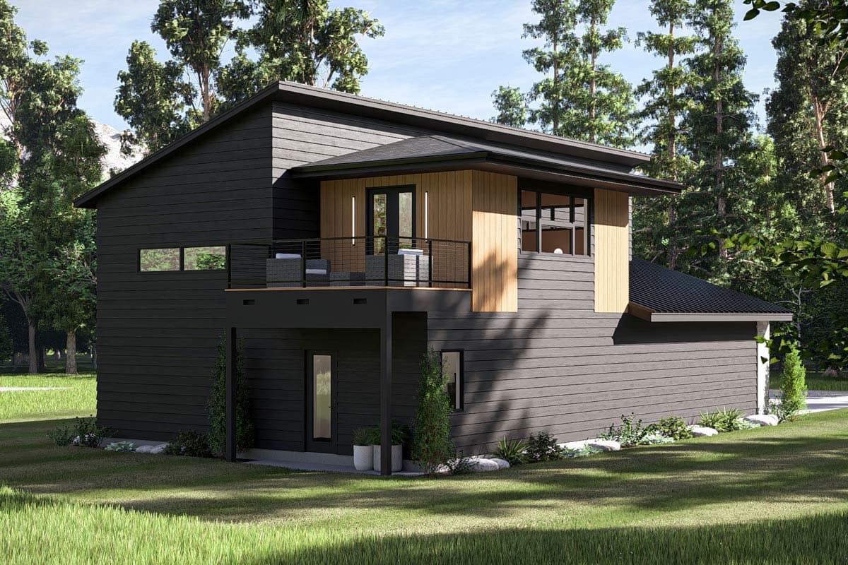 Modern house plan exterior: two stories, dark siding, wood accents, upper balcony with railing, and a lower entrance.