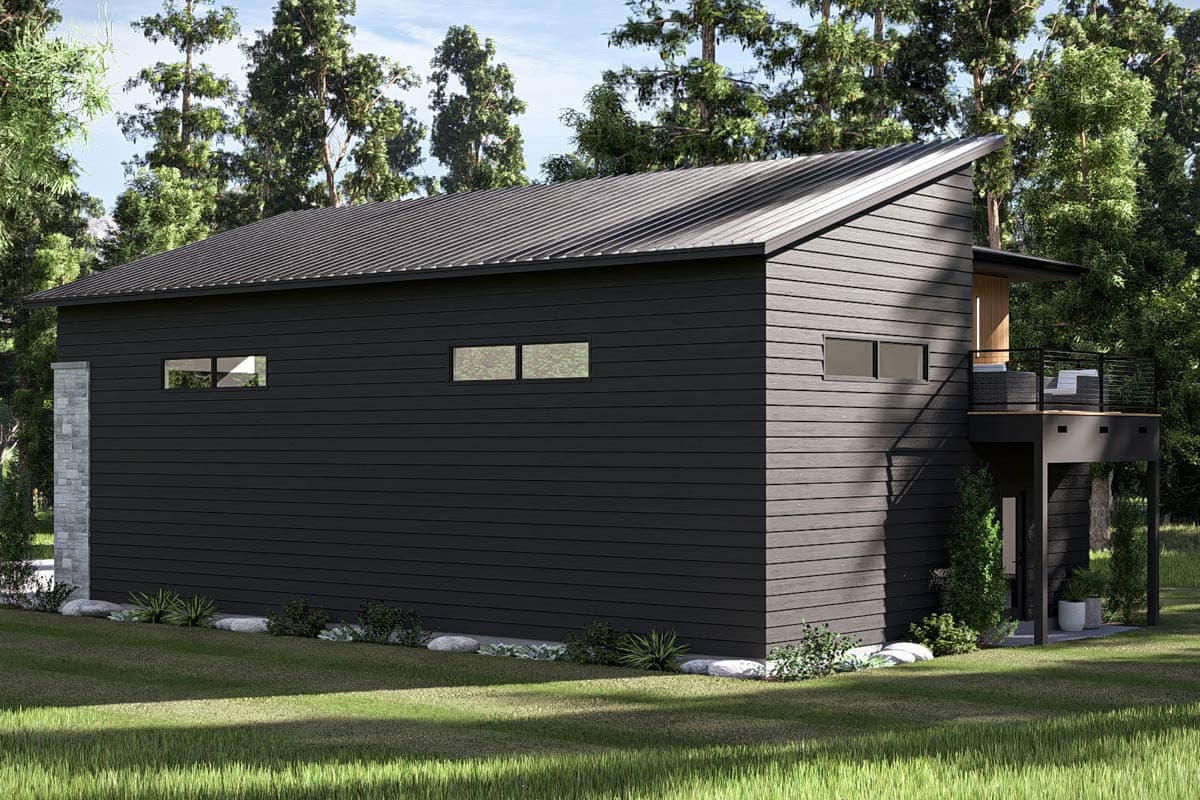 Modern house plan exterior with dark horizontal siding, metal roof, asymmetric gables, and a second-story balcony.