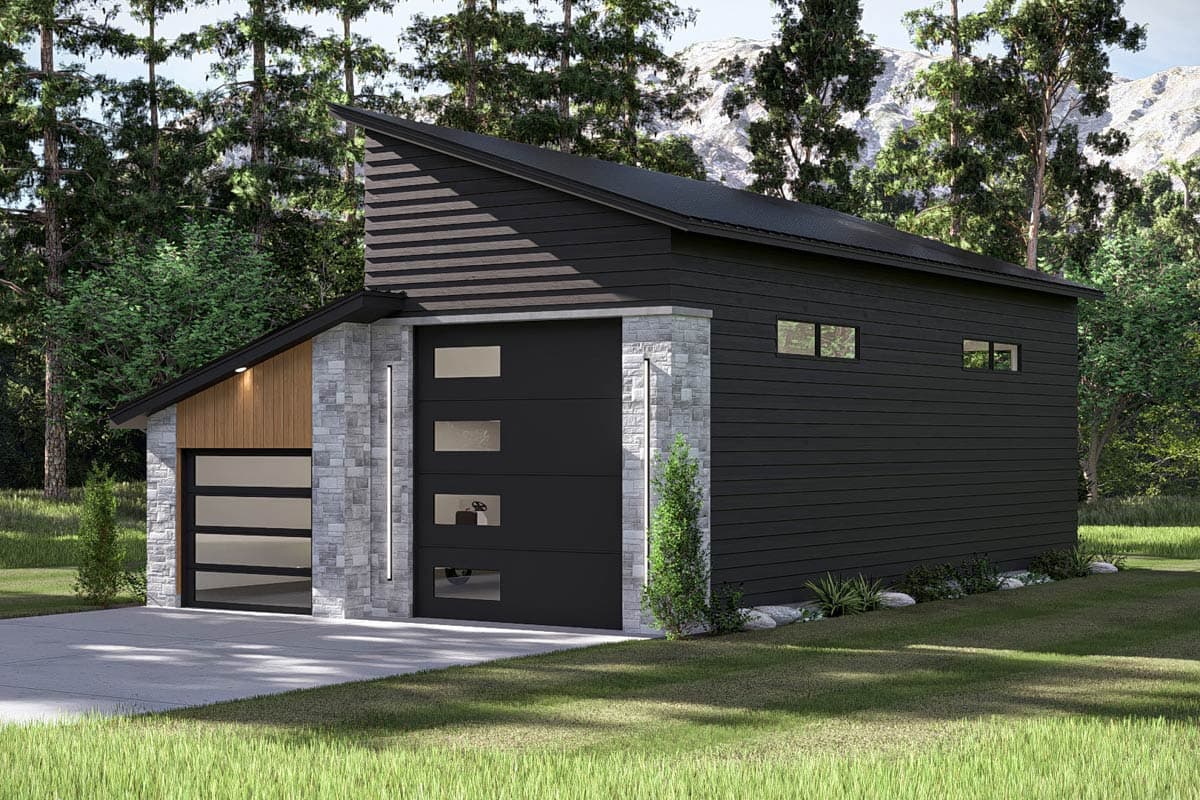 Modern house plan exterior with asymmetric rooflines, stone and wood accents, and dual garage doors with frosted glass windows.