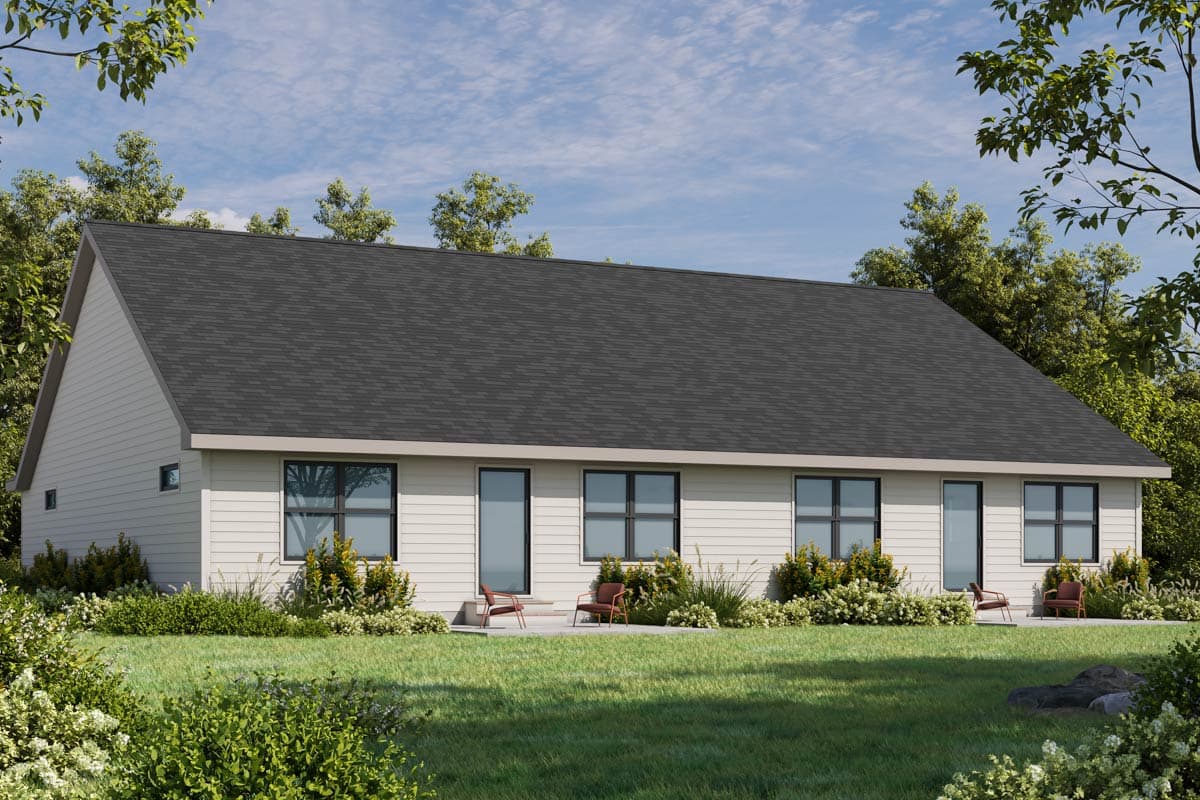 Modern house plan exterior, single story, with a gable roof, horizontal siding, and multiple large windows.