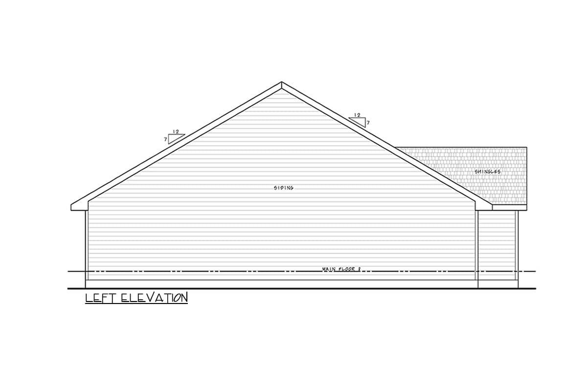 Left elevation drawing of a house plan showing siding, shingles, and roof pitch indications.