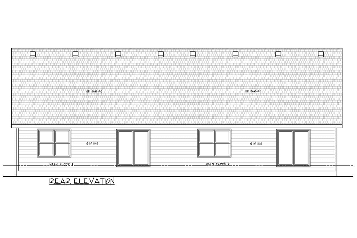 Rear elevation house plan drawing. Features siding, four windows, and a shingled roof with visible vents.