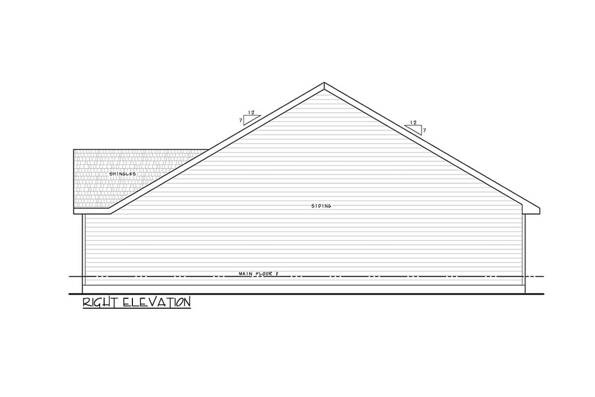Right elevation drawing of a house plan with siding, shingles, and a gable roofline.