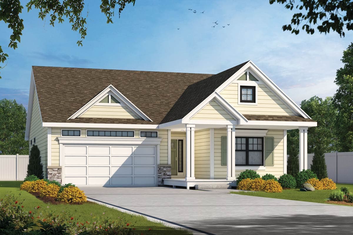 House plan exterior: Modern Farmhouse style, one story, with a gable front, covered porch supported by columns, and a side-entry garage.