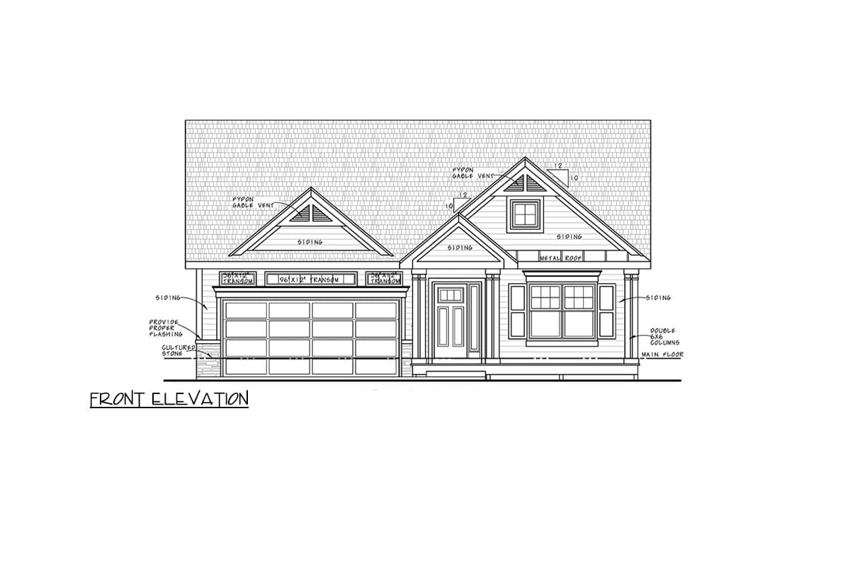Front elevation house plan showing a two-story home with gable vents, siding, stone accents, and a two-car garage.