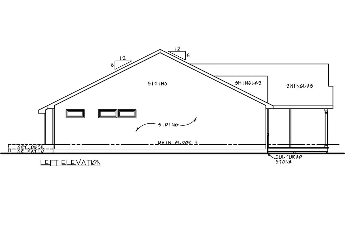 Left elevation house plan drawing with siding, shingles, cultured stone base, and rectangular windows.