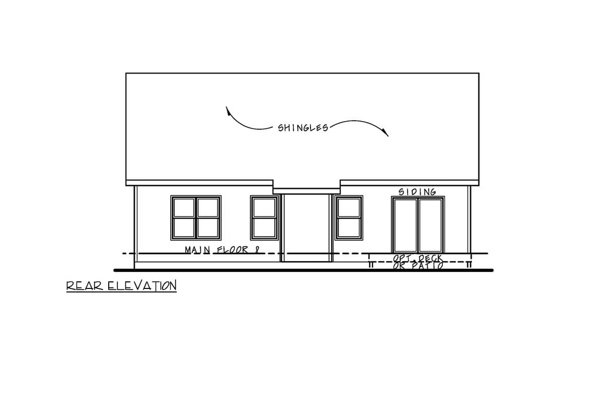 Rear elevation drawing showing siding, windows, and an optional deck or patio area.