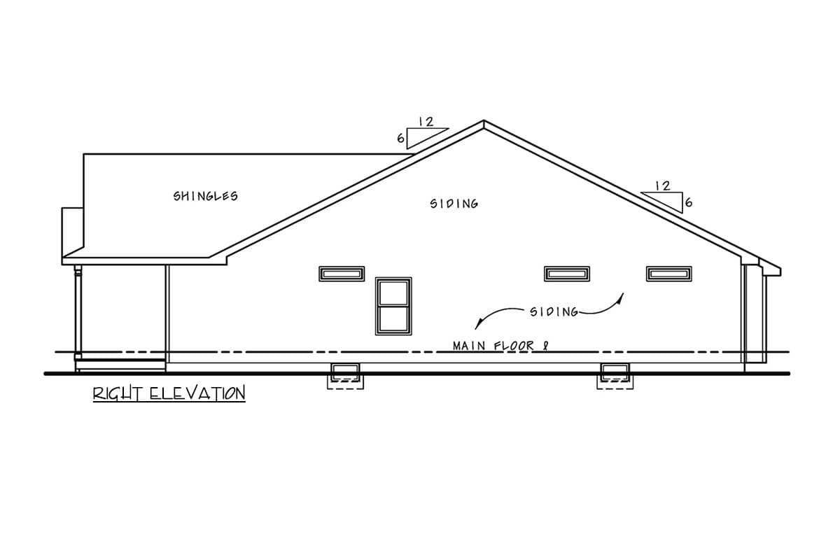 Right elevation of a house plan showing shingles, siding, a porch, and a pitched roof with 12/6 slope.