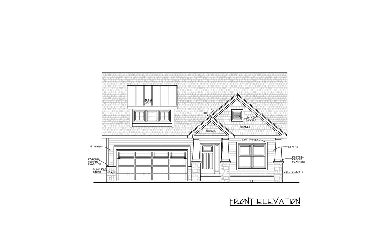 Front elevation drawing of a house with siding, shakes, cultured stone base, two-car garage, and metal roof dormer.