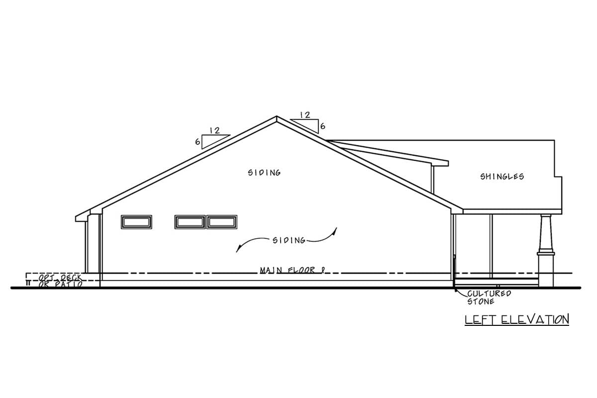Left elevation drawing of a house plan with siding, shingles, cultured stone, and optional deck or patio.