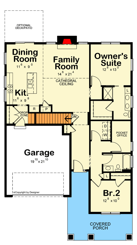 Plan 42731DB: Craftsman House Plan with Two Bedrooms and a Private Pocket Office - Floor Plan - Main Level