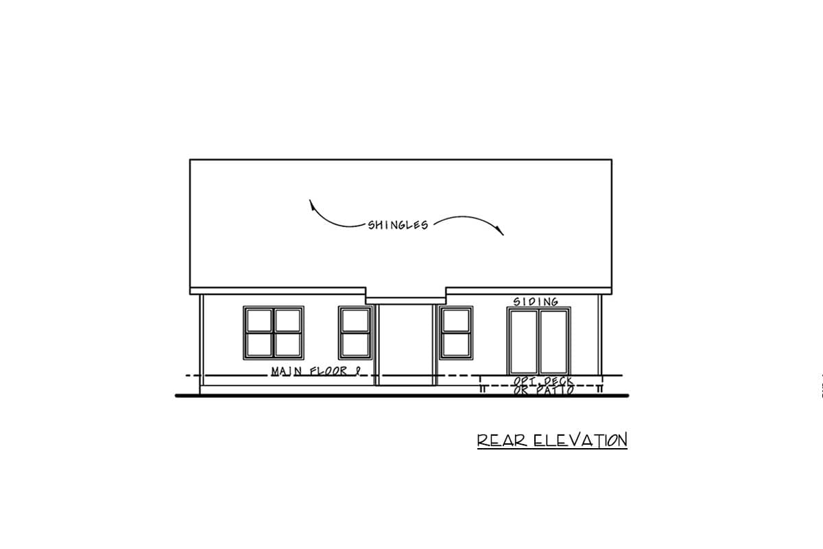 Rear elevation drawing of house plan with siding, shingles, multiple windows, and doors opening to optional deck or patio.