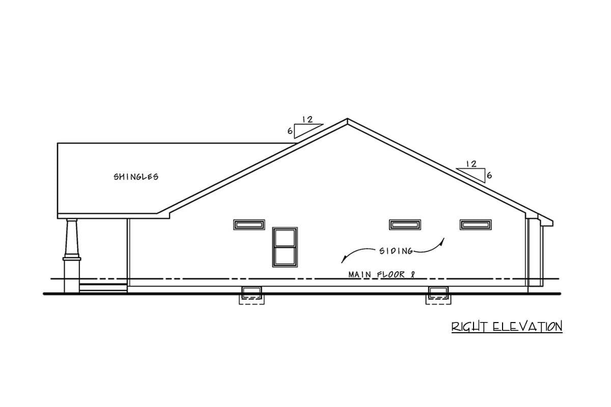 Right elevation drawing of a house plan with shingles and siding. Features include a sloped roofline and multiple windows.
