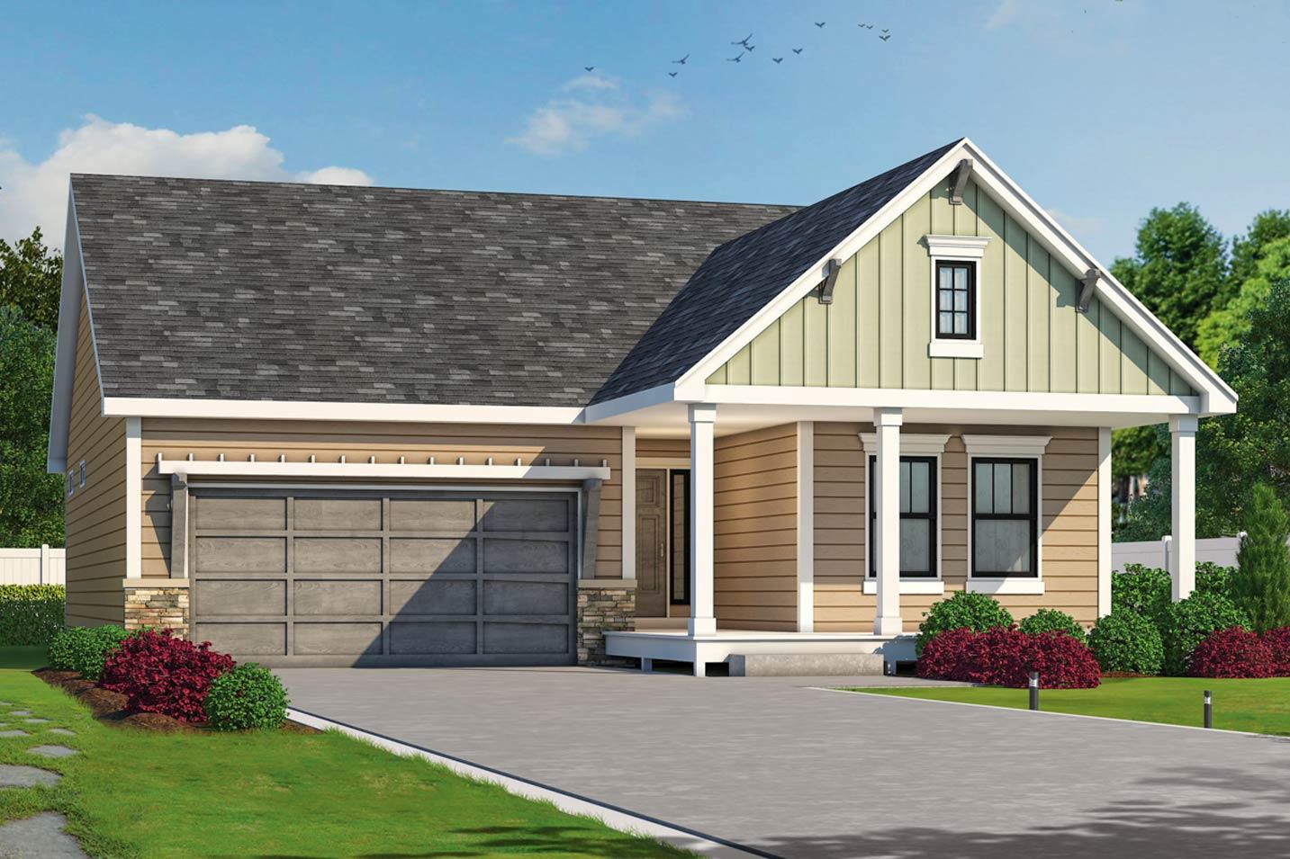 House plan exterior: Single-story Modern Farmhouse with attached garage, front porch, and gable dormer.