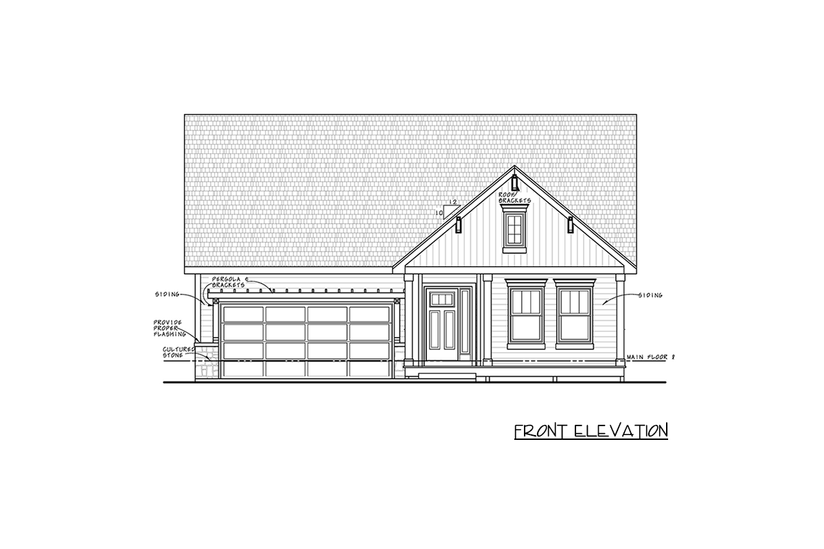Front elevation drawing of a house plan featuring siding, cultured stone base, double garage, and dormer with decorative brackets.