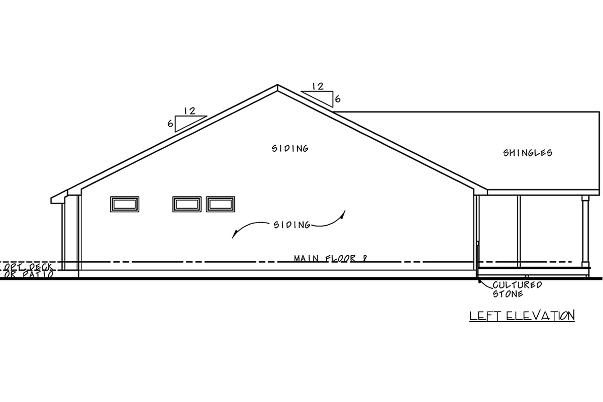 Left elevation drawing of a house with siding, three windows, and a covered porch with cultured stone.