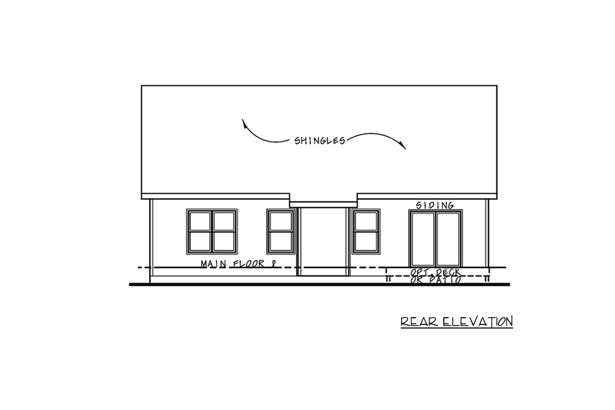 Rear elevation drawing of a house plan showing shingles, siding, windows, and optional deck or patio.