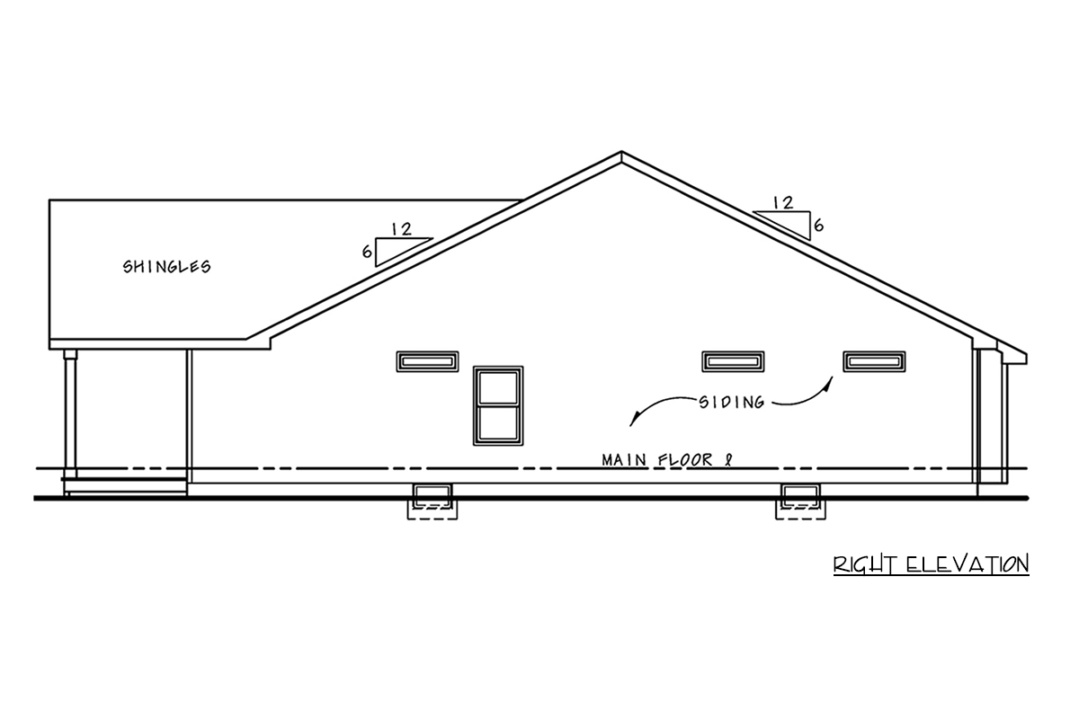 Right elevation drawing of a house plan showing shingles, siding, a porch, and a pitched roof with 6/12 and 12/6 pitch markings.