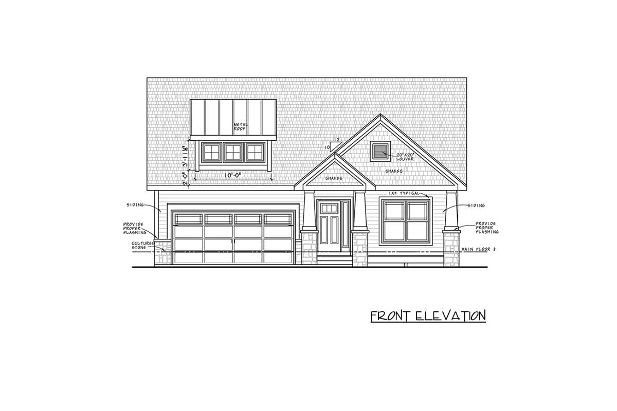 Front elevation drawing of a house plan featuring a gable roof, dormer, siding, cultured stone accents, and a two-car garage.