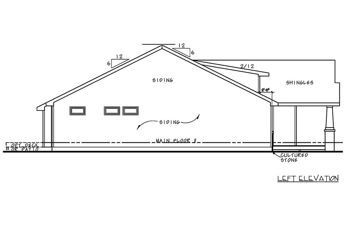 Left elevation drawing of a house plan featuring siding, shingles, a deck or patio, and cultured stone accents.