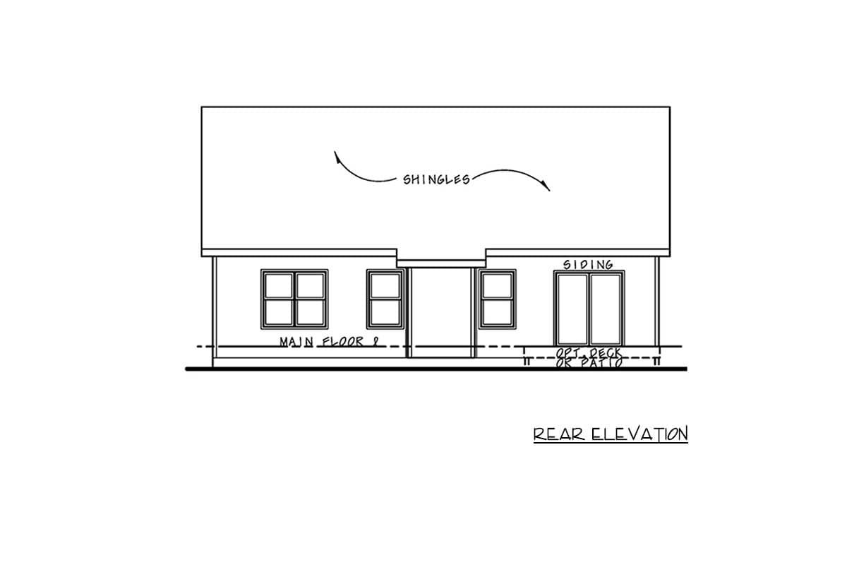 Rear elevation drawing of a house plan featuring siding, shingles, multiple windows, and glass doors leading to an optional deck or patio.