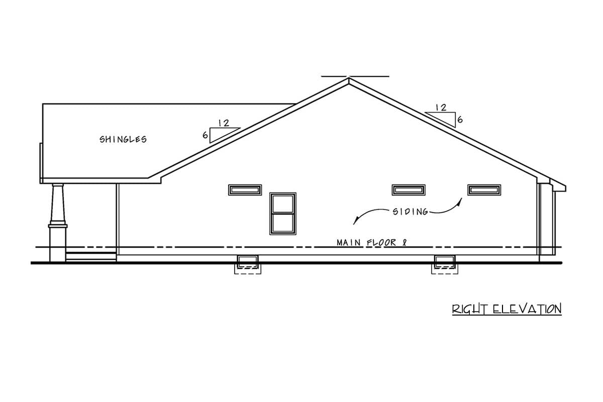 Right elevation drawing of a house plan showing a gabled roof, porch column, and siding.