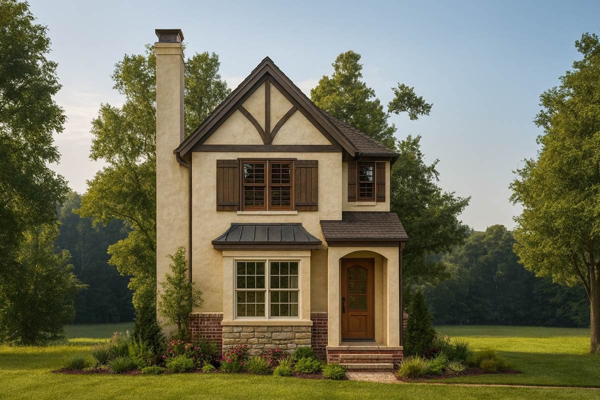 House plan exterior of a two-story Tudor-style home with a prominent chimney, decorative half-timbering, and a covered entryway.