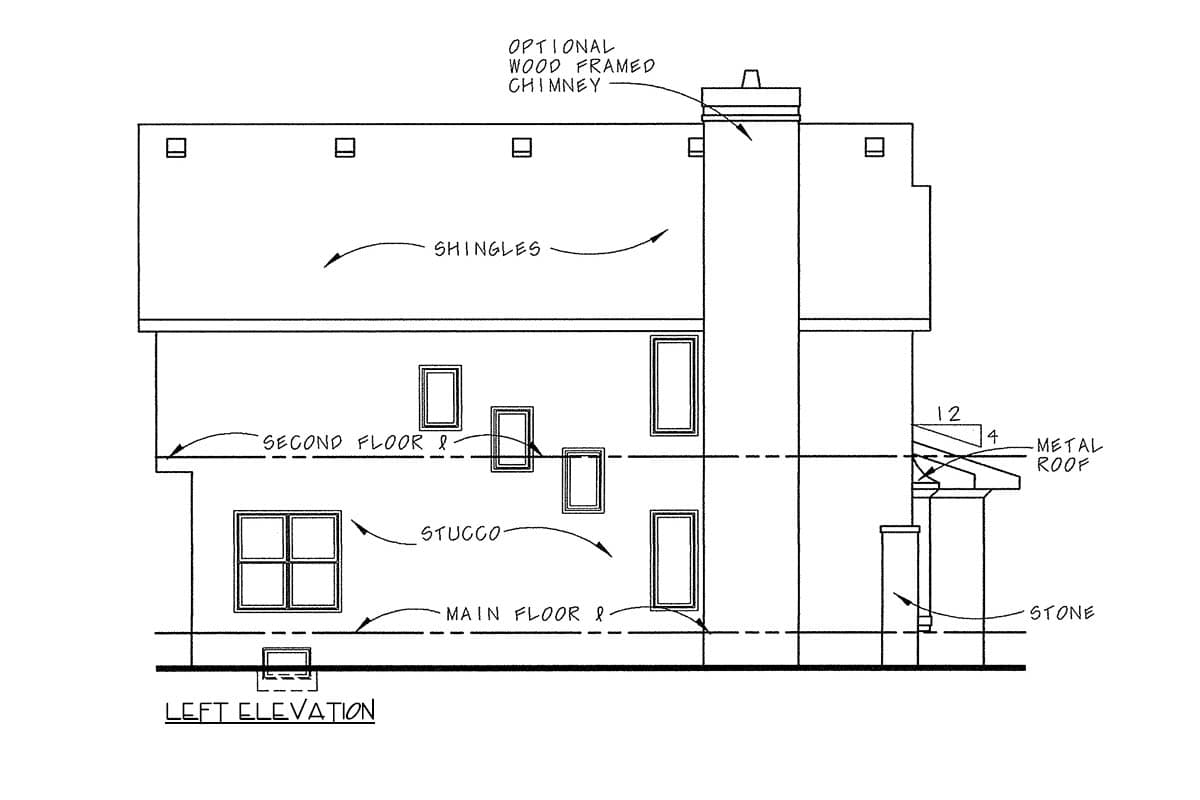 Left elevation drawing showing a two-story house with stucco siding, shingles, and a metal roof porch.