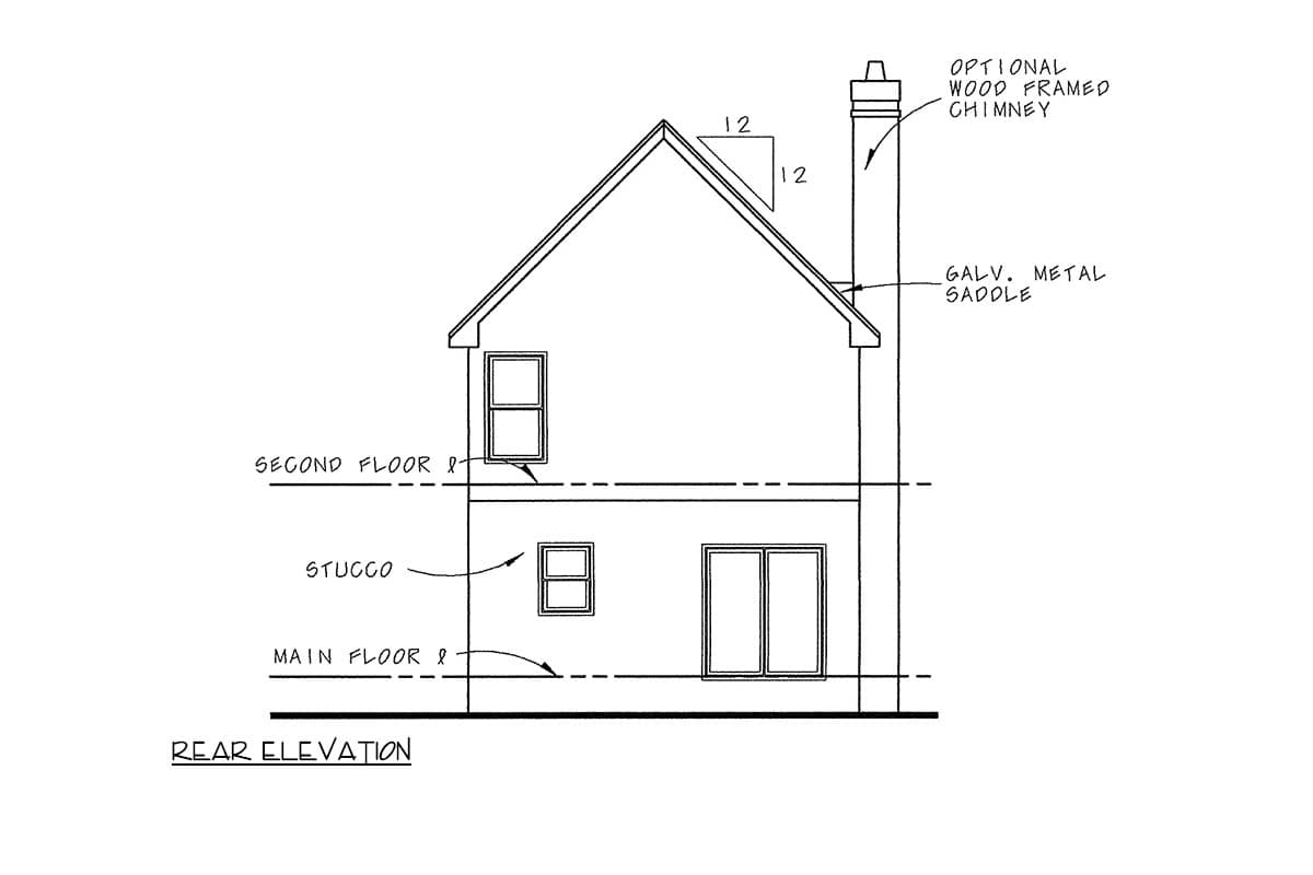 Rear elevation drawing of a two-story house plan with stucco siding and an optional wood framed chimney.