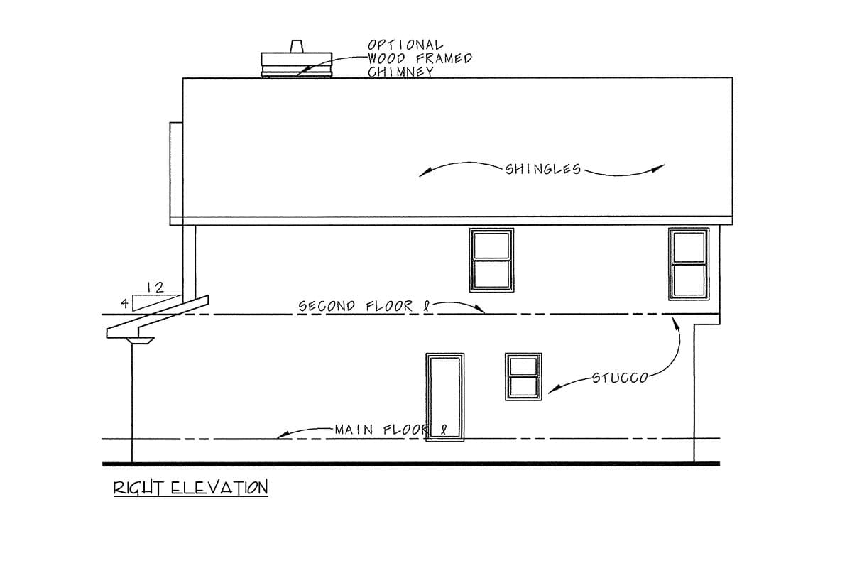 Right elevation drawing of a two-story house with stucco, shingles, and an optional chimney.