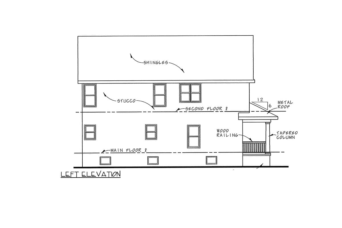 Left elevation house plan drawing showing two stories, stucco siding, wood railing porch with tapered columns, and metal roof detail.