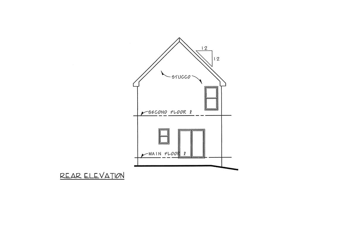 Rear elevation drawing of a two-story house plan with stucco siding, showing main and second floor windows and sliding doors.