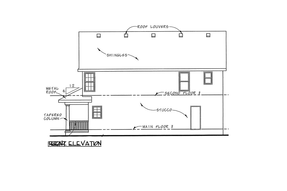 Front elevation drawing of a two-story house with stucco siding, a covered porch with tapered column, and a shingled roof with louvers.