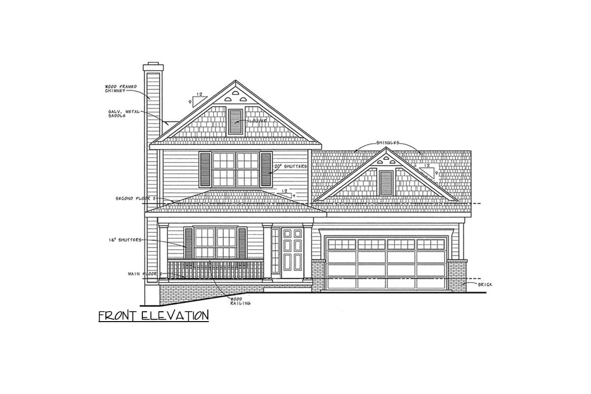 Front elevation house plan showing a two-story home with a covered porch, gables, dormers, and a two-car garage.