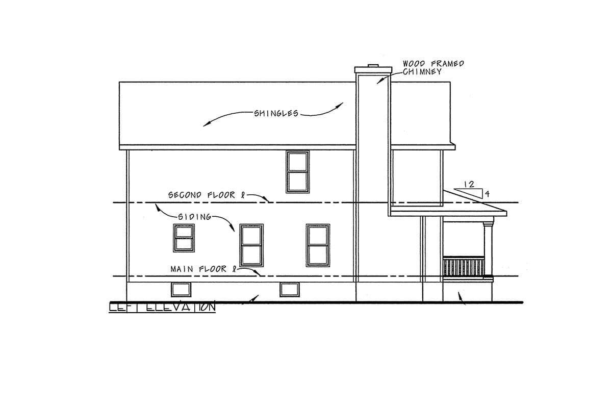 Left elevation house plan showing a two-story structure with shingles, siding, a wood-framed chimney, and a porch.