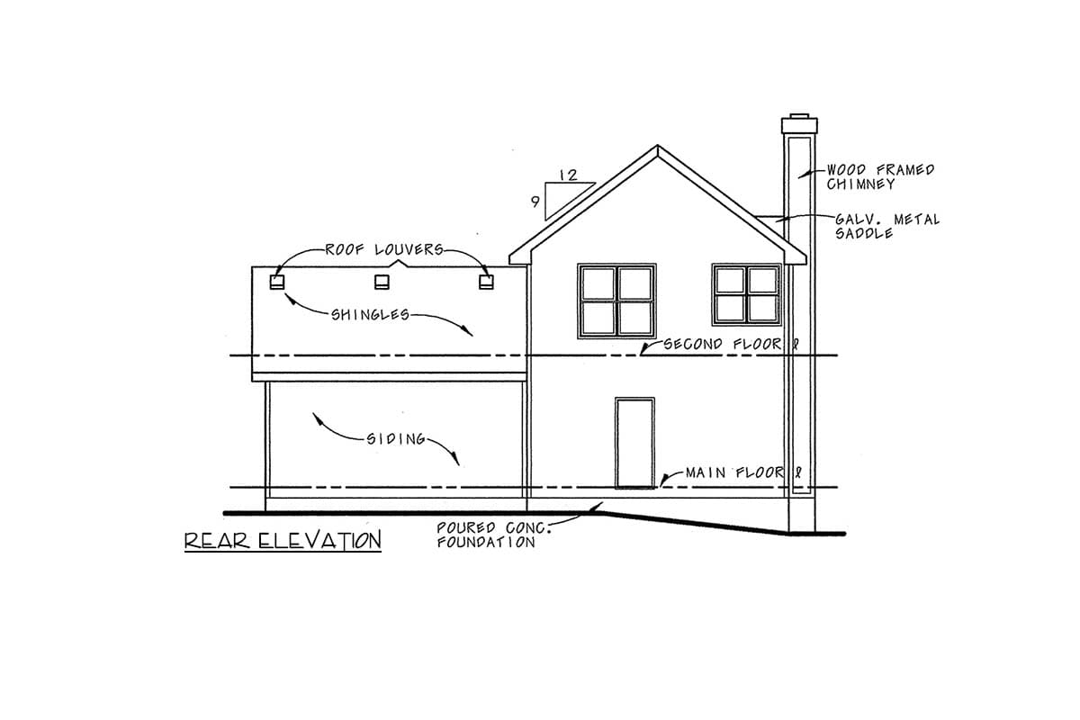 Rear elevation drawing of a two-story house with siding, shingles, roof louvers, and wood-framed chimney.