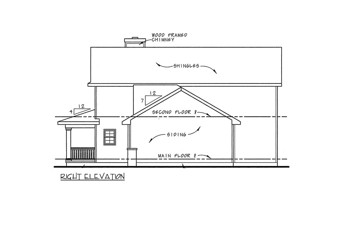 Right elevation drawing of a two-story house with a porch, wood-framed chimney, shingles, and siding.