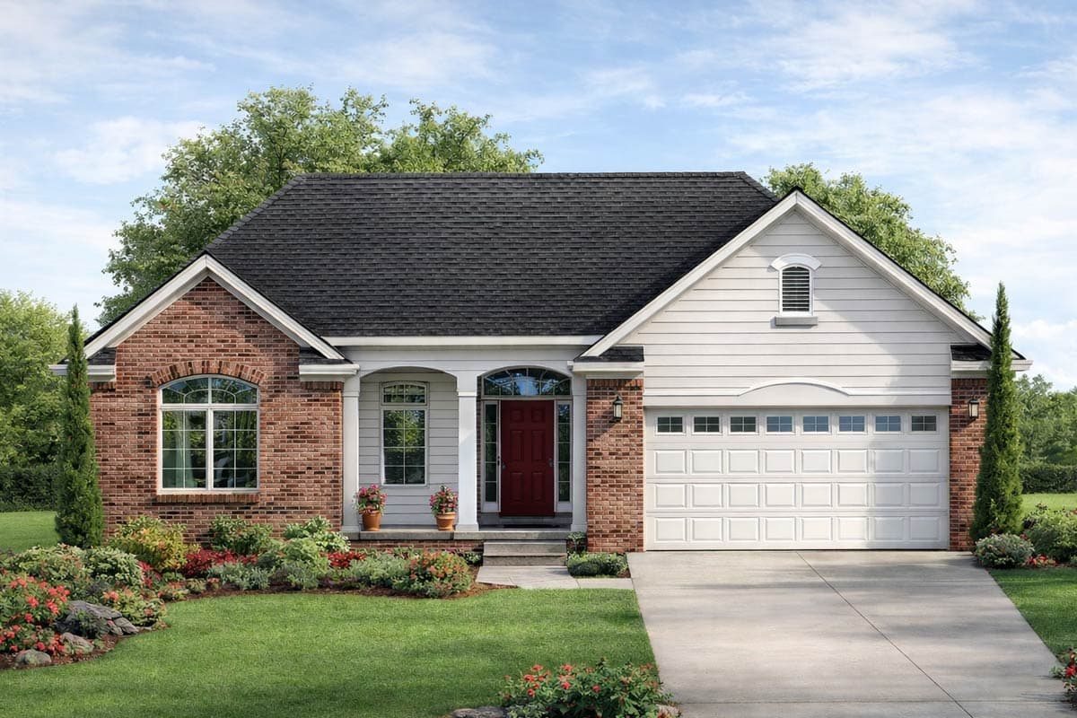 House plan exterior: Ranch style, brick and vinyl siding, prominent gabled dormer, arched window, covered entry, and attached garage.