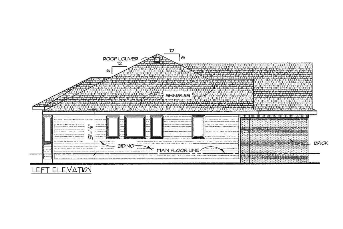 Left elevation house plan showing a gambrel roof, siding, brick facade, and three windows.