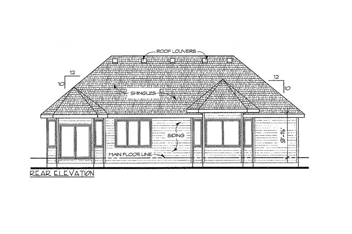 Rear elevation house plan drawing showing a shingled roof with dormers, siding, and multiple windows.