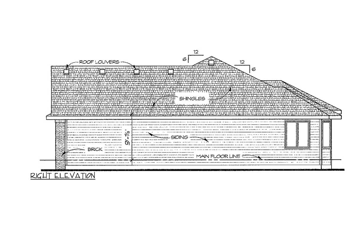 Right elevation house plan showing brick base, siding walls, shingled roof with louvers, and window details.