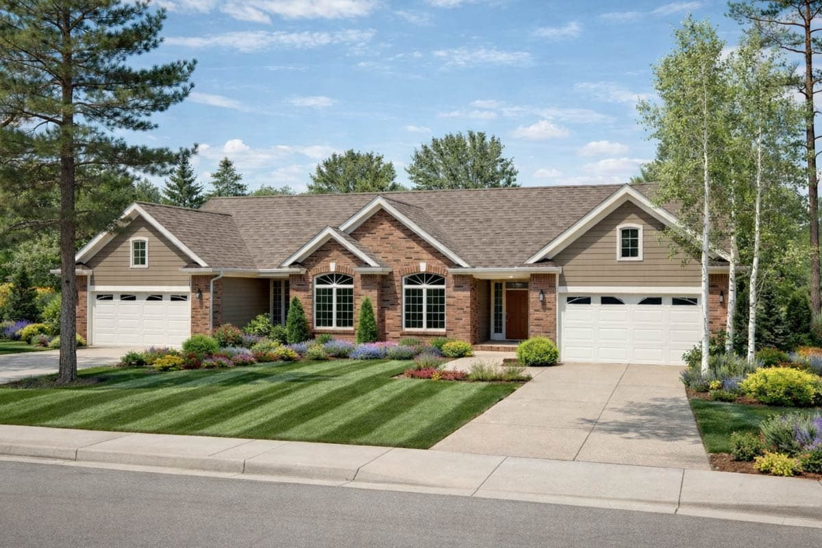 House plan exterior: one-story, brick and siding, two-car side-entry garage, gable dormer, and arched windows.