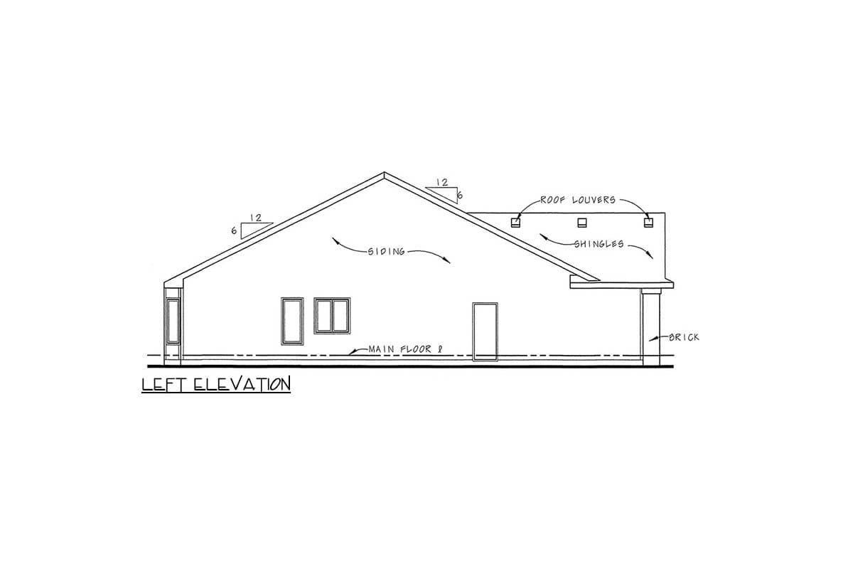 Left elevation house plan with siding, shingles, roof louvers, and brick foundation details.