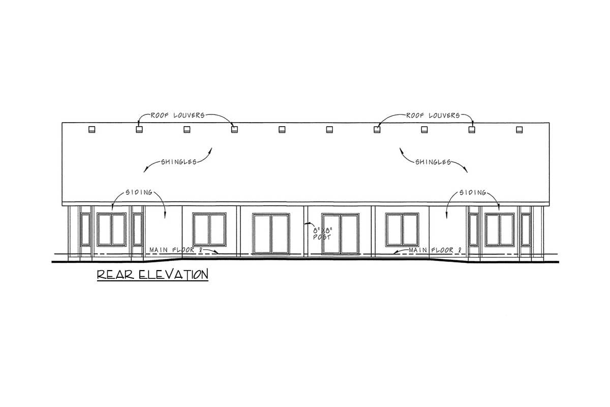 Rear elevation house plan showing siding, shingles, roof louvers, windows, doors, and posts.