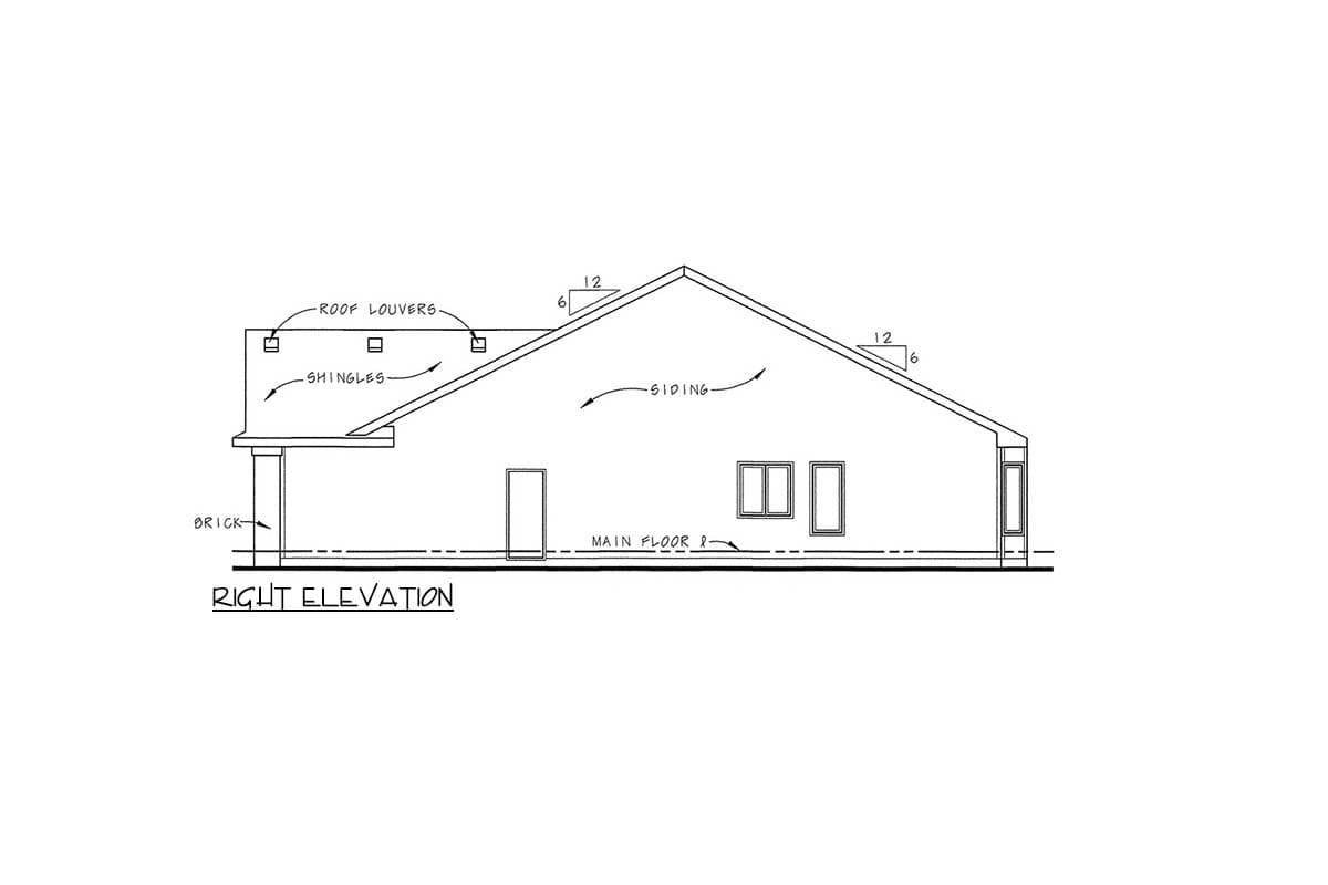 Right elevation drawing of a house plan showing brick base, siding, roof louvers, and windows.
