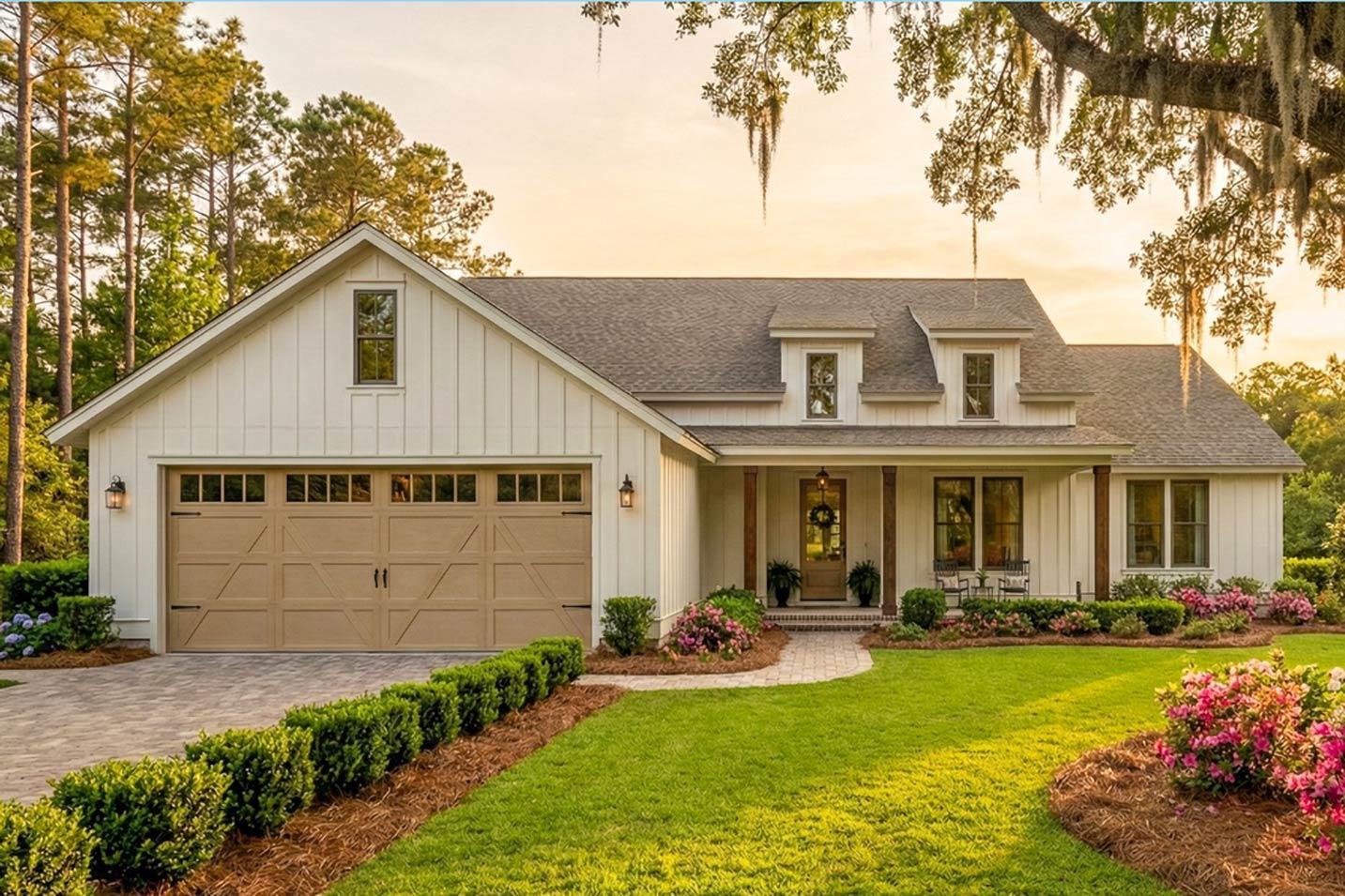 House plan exterior view of a two-story farmhouse with gables, a covered porch, and a garage with a prominent door.