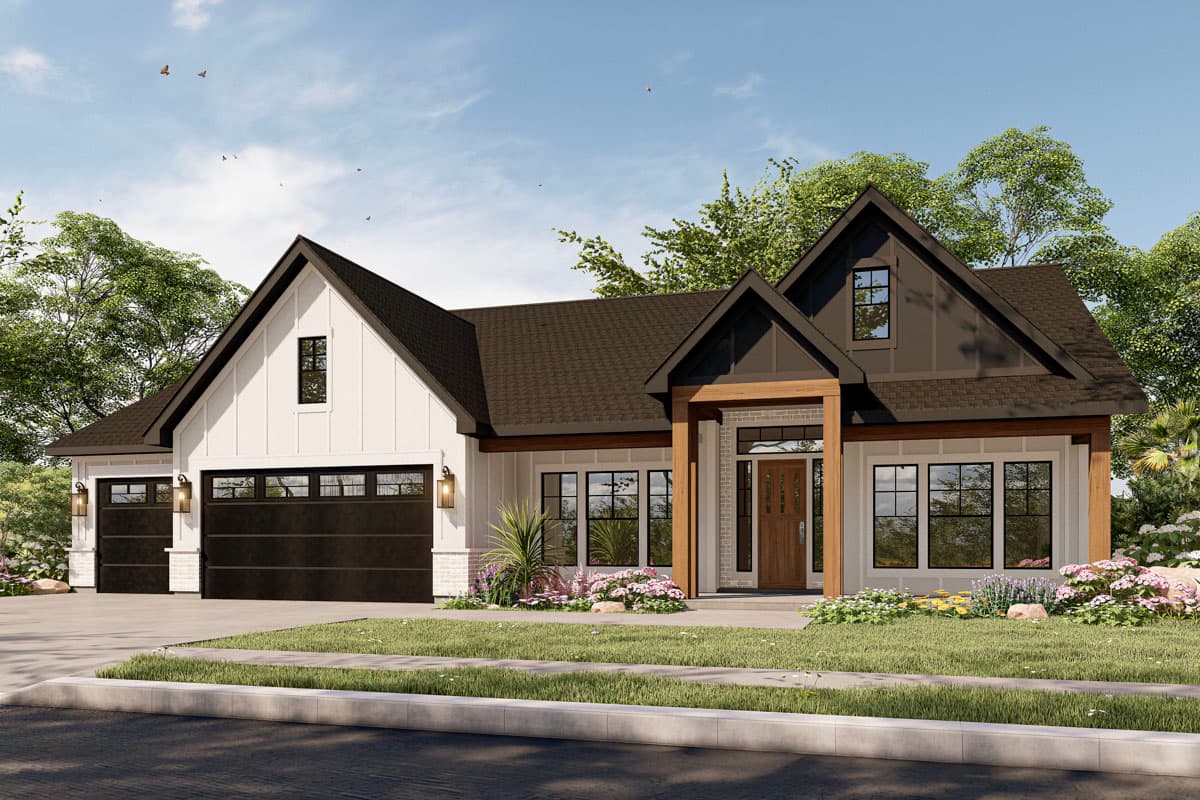House plan exterior with Modern Farmhouse style. Features include a two-car garage, gable rooflines, and a covered porch with exposed timber supports.