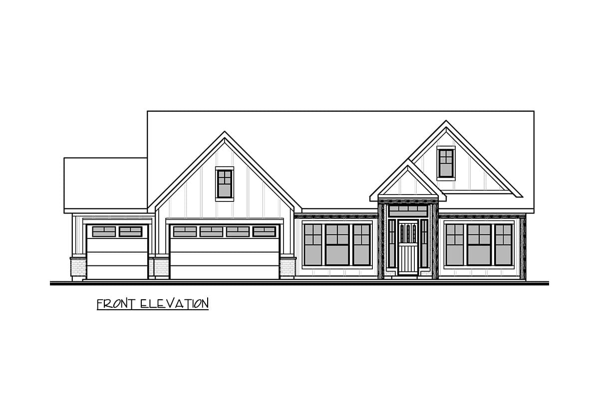 Front elevation drawing of a one-story house with a three-car garage, gables, and a covered entry.