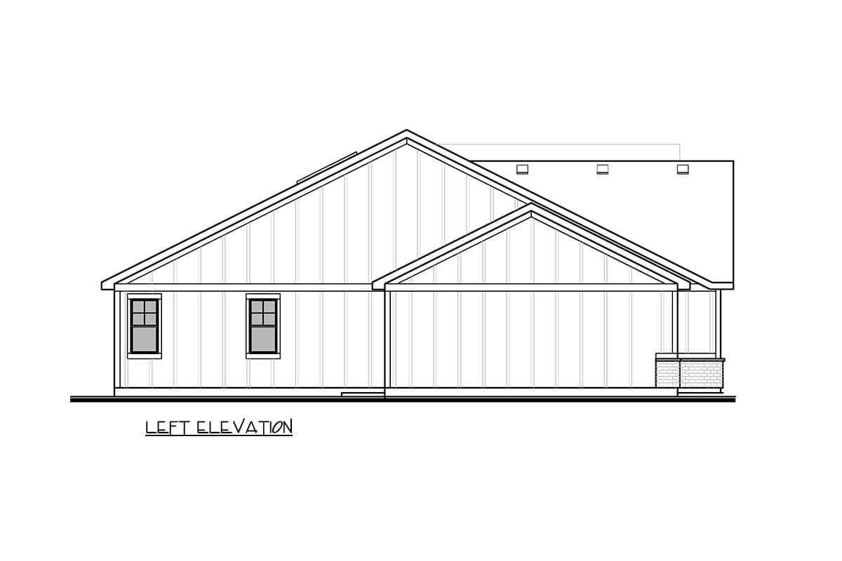 Left elevation drawing of a house plan with vertical siding, multiple gables, and a covered porch with brick supports.