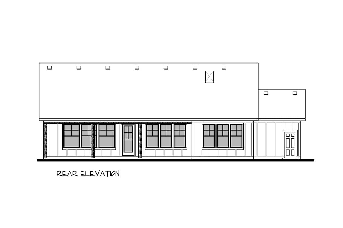 Rear elevation drawing of a house plan showing a covered porch, multiple windows, and a garage door.